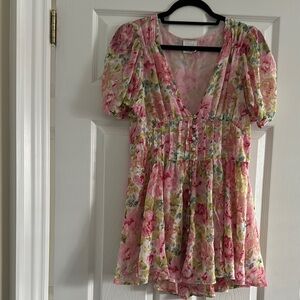 Pink and Green Puff Sleeve Ruched Blouse